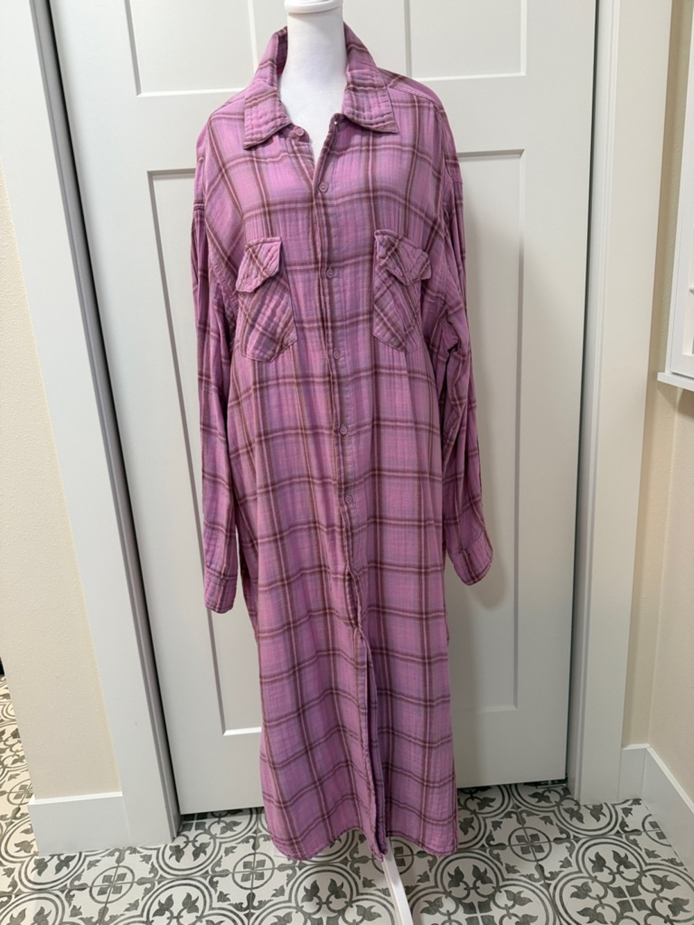 Free People Long Pink Plaid Button-Up Shirt Dress